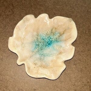 Art pottery, leaf dish, crackle glass